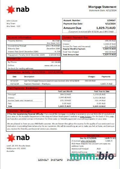 Australia Bank NAB wyciąg z kredytu hipotecznego szablon Word i PDF